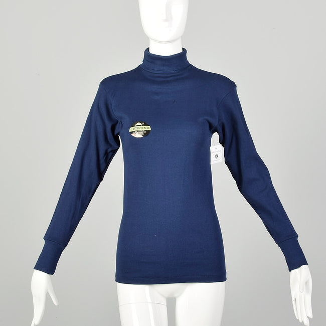 XS 1960s Deadstock Navy Blue Lightweight Long Sleeve Turtleneck Shirt