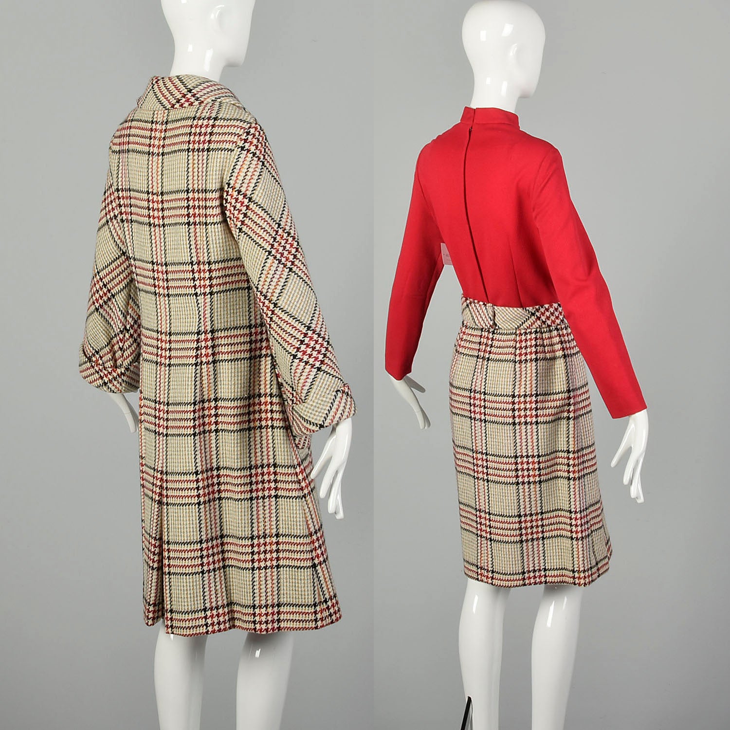 Medium 1960s Plaid Dress and Winter Coat Ensemble Long Sleeve Tweed Outfit