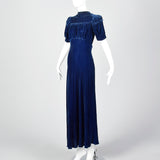 1940s Blue Silk Velvet Gown with Gathered Bust