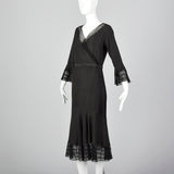 1930s Black Dress with Sheer Trim and Belt