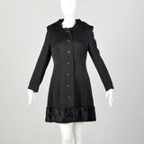 XS 1970s Black Fur Lined Hood Winter Coat Faux Fur Trim Heavyweight Car Coat