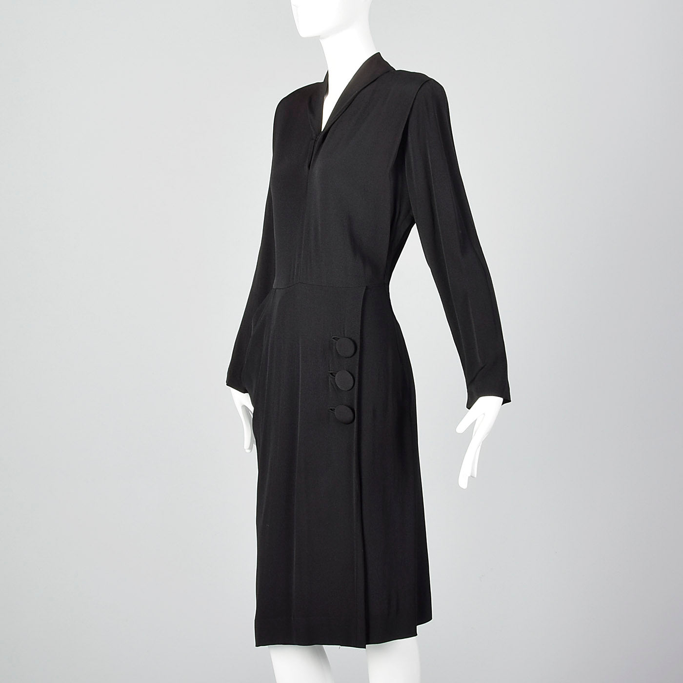 1940s Black Rayon Dress with Draped Hip Pocket
