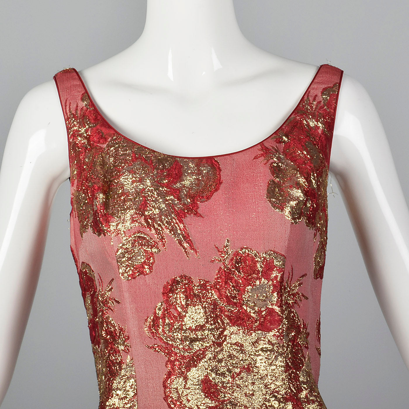 1960s Red and Gold Brocade Evening Dress
