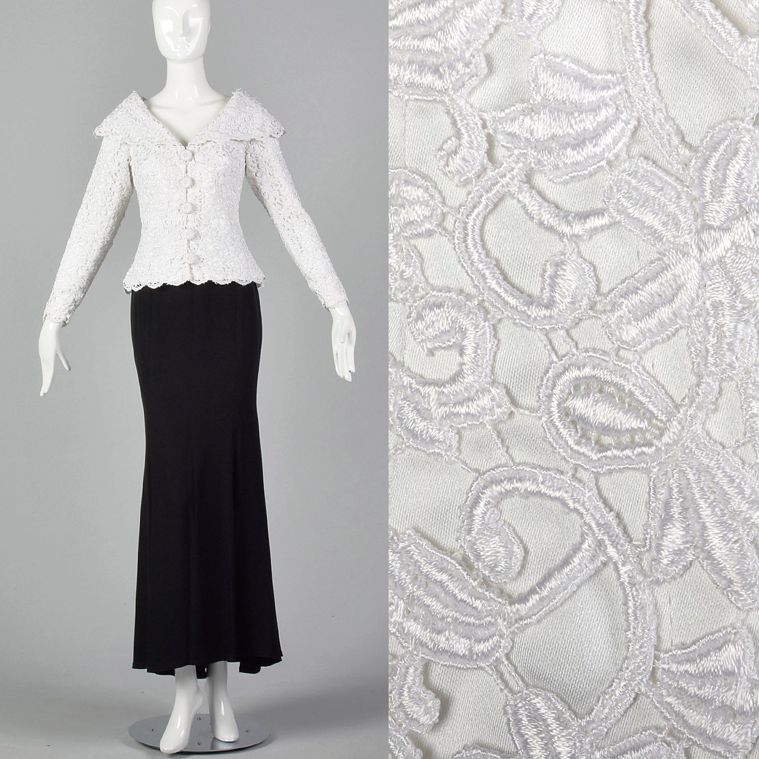 1990s Saks Fifth Ave White Lace Top with Black Mermaid Skirt