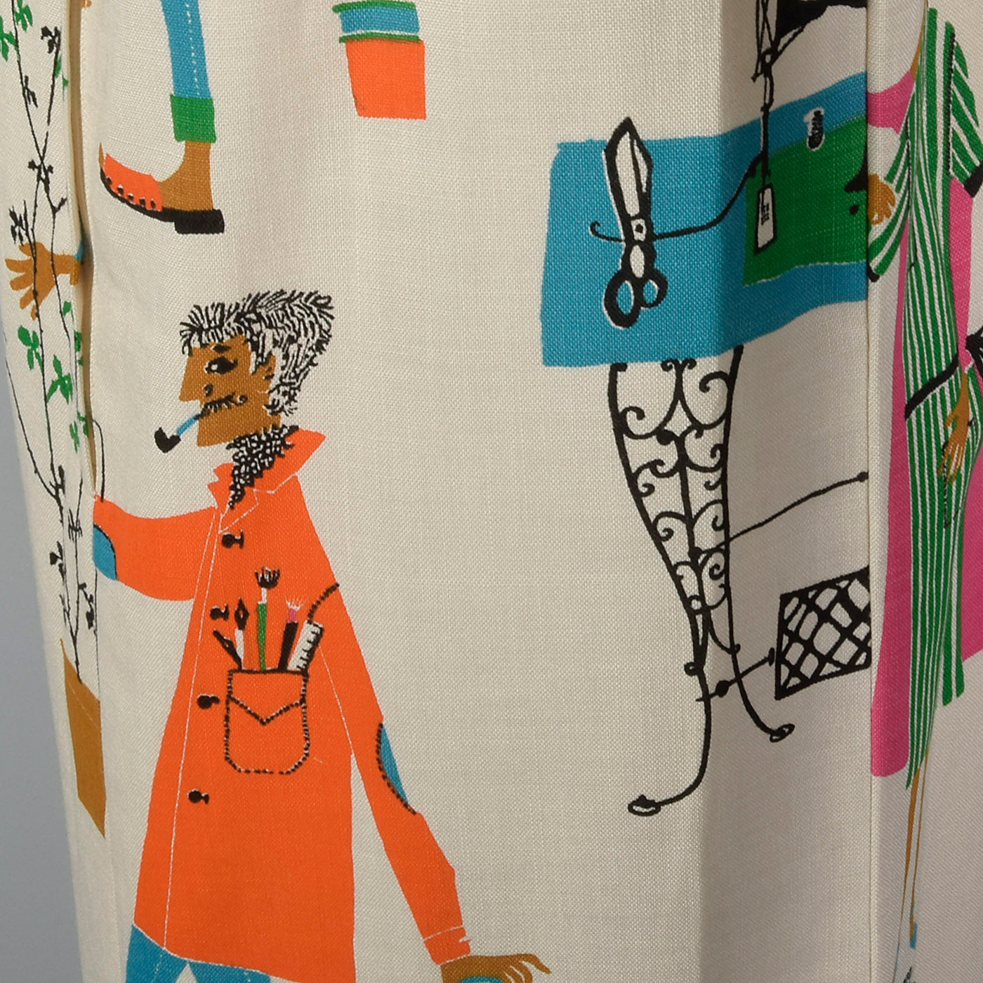 1960s Deadstock Novelty Print Shift Dress with Pom Pom Hem
