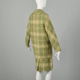 Small 1960s Two Piece Set Green Beige Plaid Fleck Tweed  Separates Ensemble Skirt Jacket