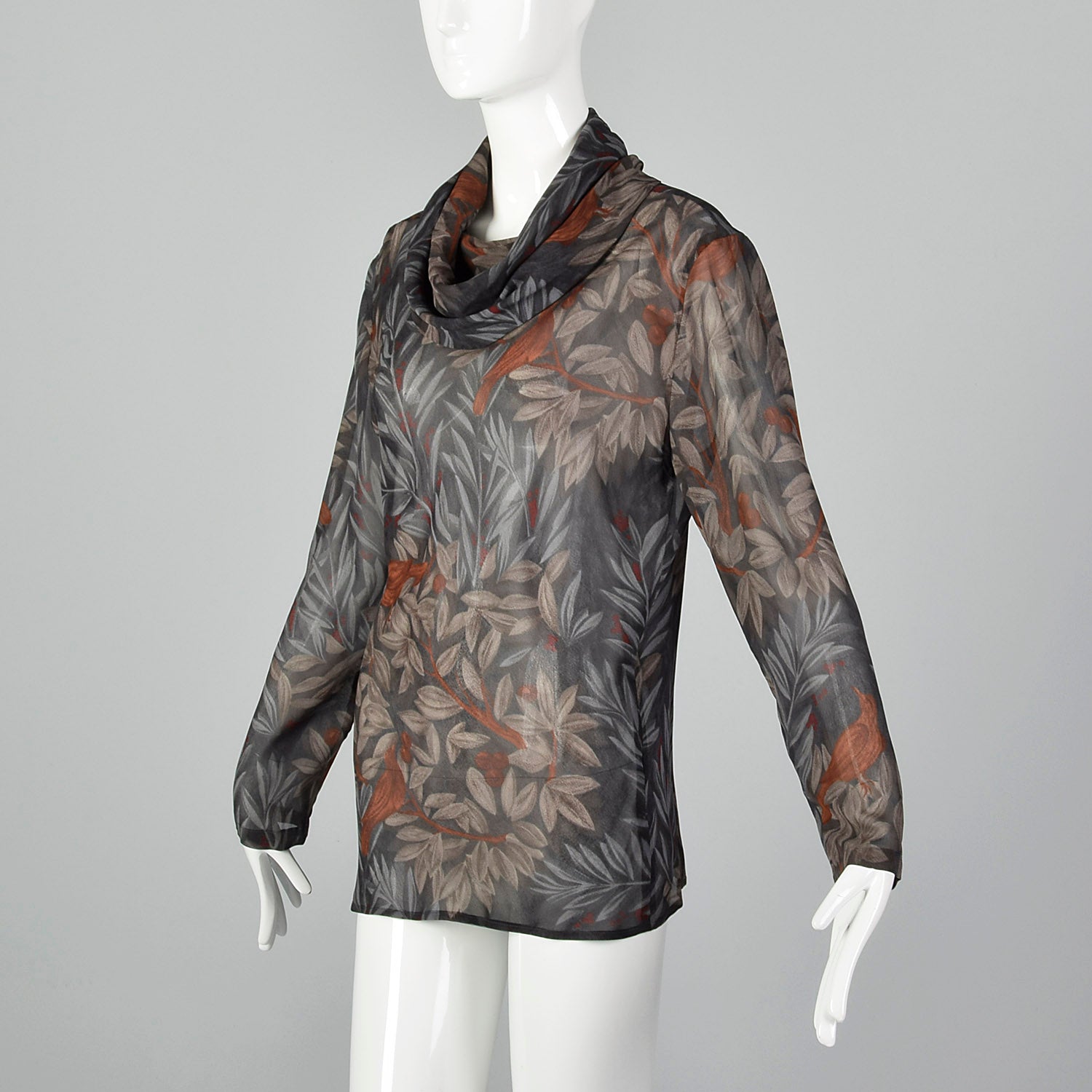 1980s Anne Klein Grey Leaf and Bird Print Blouse