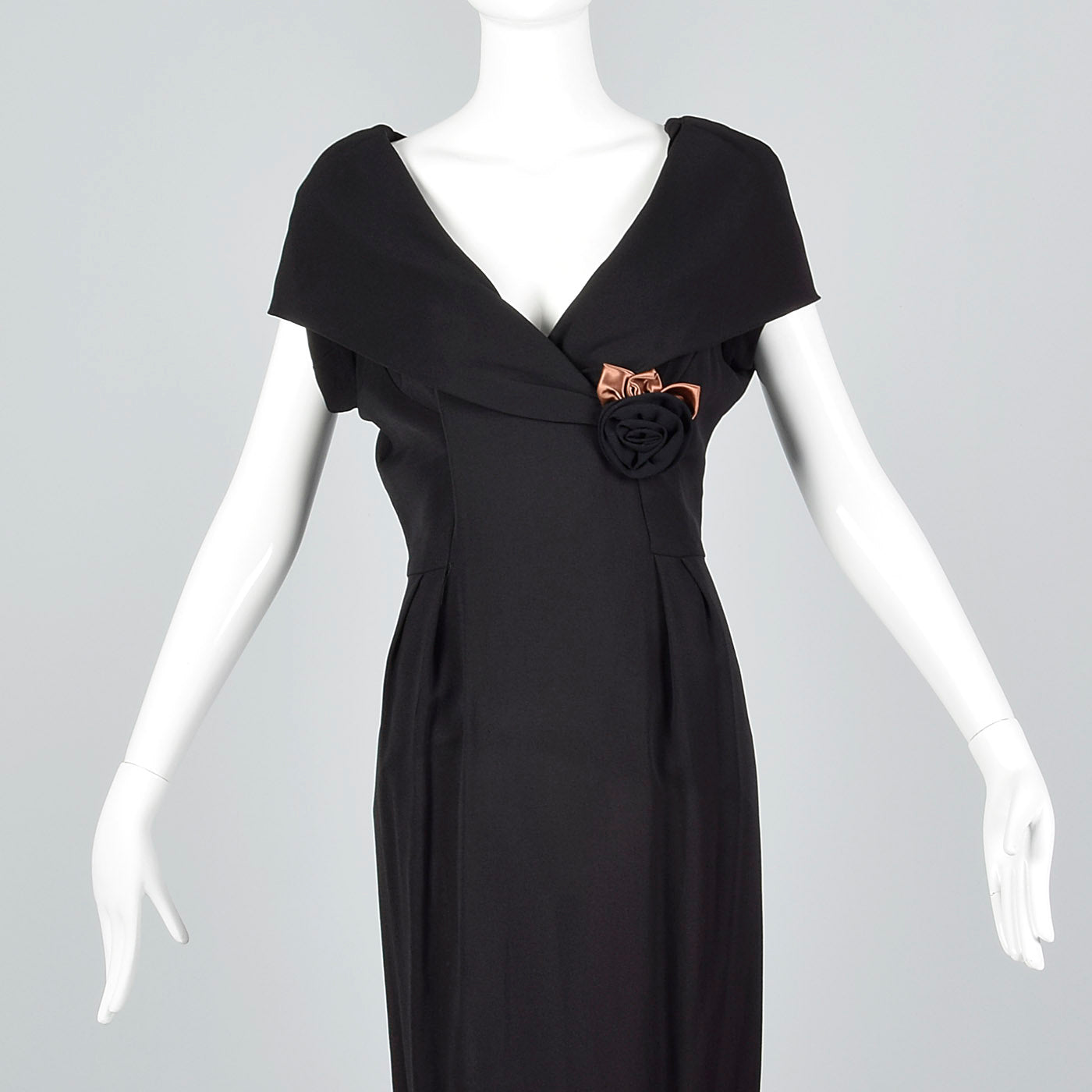 1950s Black Dress with Shawl Collar and Low Cut Front