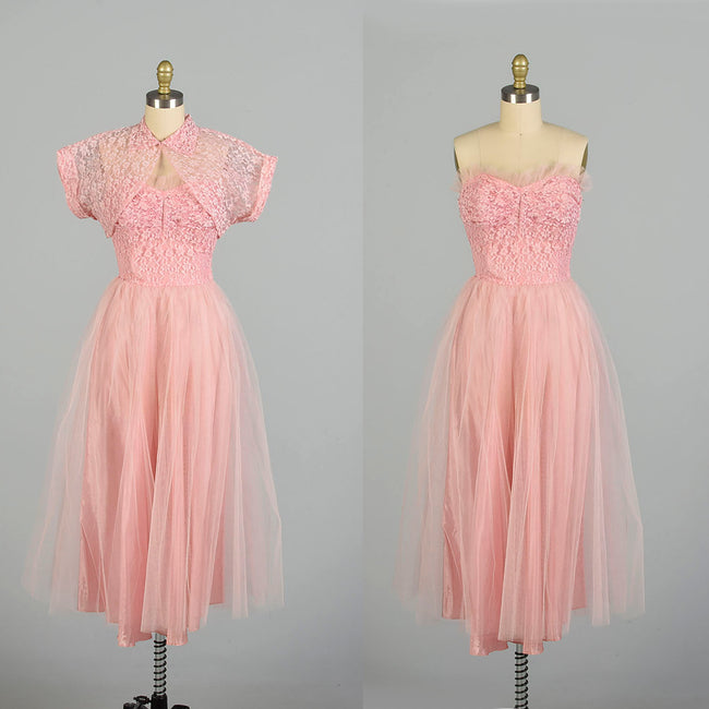 Small 1950s Strapless 2pc Set Pink Lace Tulle Evening Party Prom Dress