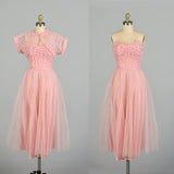 Small 1950s Strapless 2pc Set Pink Lace Tulle Evening Party Prom Dress