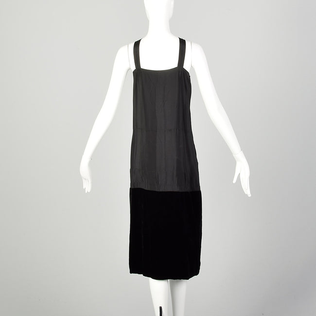 Medium 1920s Black Slip Under Dress Underpinning Sleeveless Velvet Border
