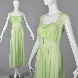 1950s Vanity Fair Green Nightgown with Crystal Pleat Bust