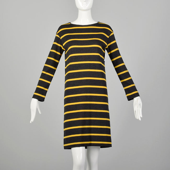 Small 1960s Goldworm Mod Striped Dress Long Sleeve Gray Yellow Knit