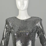 XS 1980s Silver Sequin Party Dress Bow Drop Waist Long Sleeve
