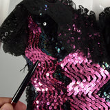 1980s Pink Prom Dress Saloon Girl Strapless Lame Gown Black Lace Sequins