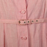 XXL 1950s Day Dress Pink Striped Lightweight Embroidered Belted Summer Short Sleeve