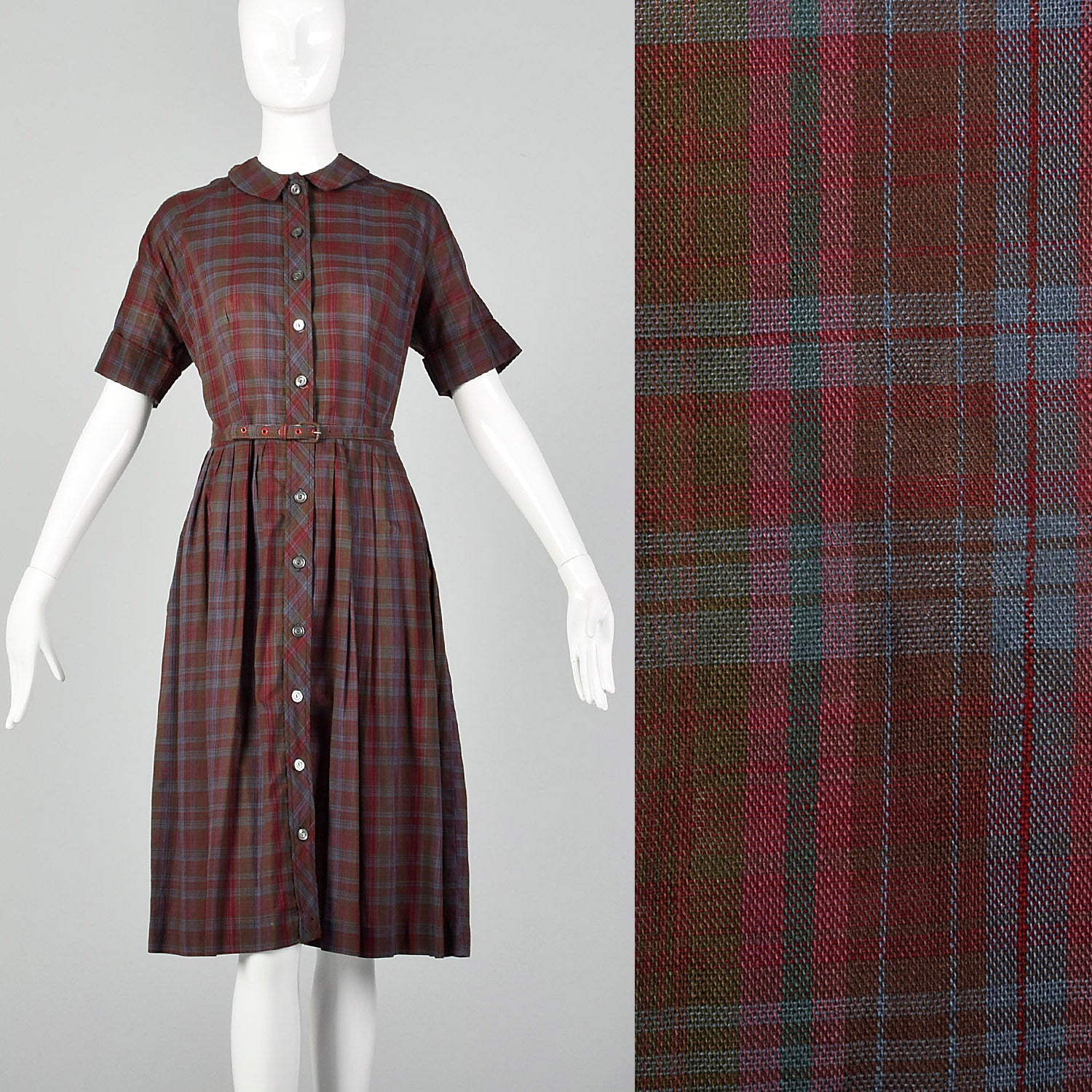 XL 1950s Burgundy Plaid Shirtwaist Day Dress Cotton Short Sleeve