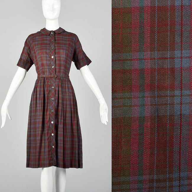 XL 1950s Burgundy Plaid Shirtwaist Day Dress Cotton Short Sleeve
