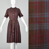 XL 1950s Burgundy Plaid Shirtwaist Day Dress Cotton Short Sleeve