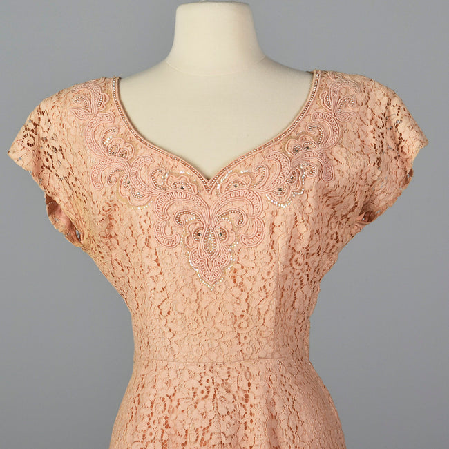 1950s Pink Lace Dress with Beaded Bodice