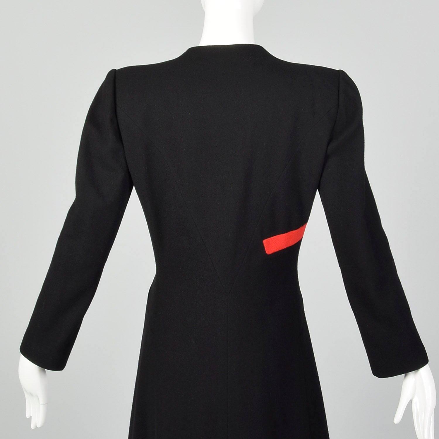 1940s Gilbert Adrian Black Wool Coat with Asymmetric Red Stripe