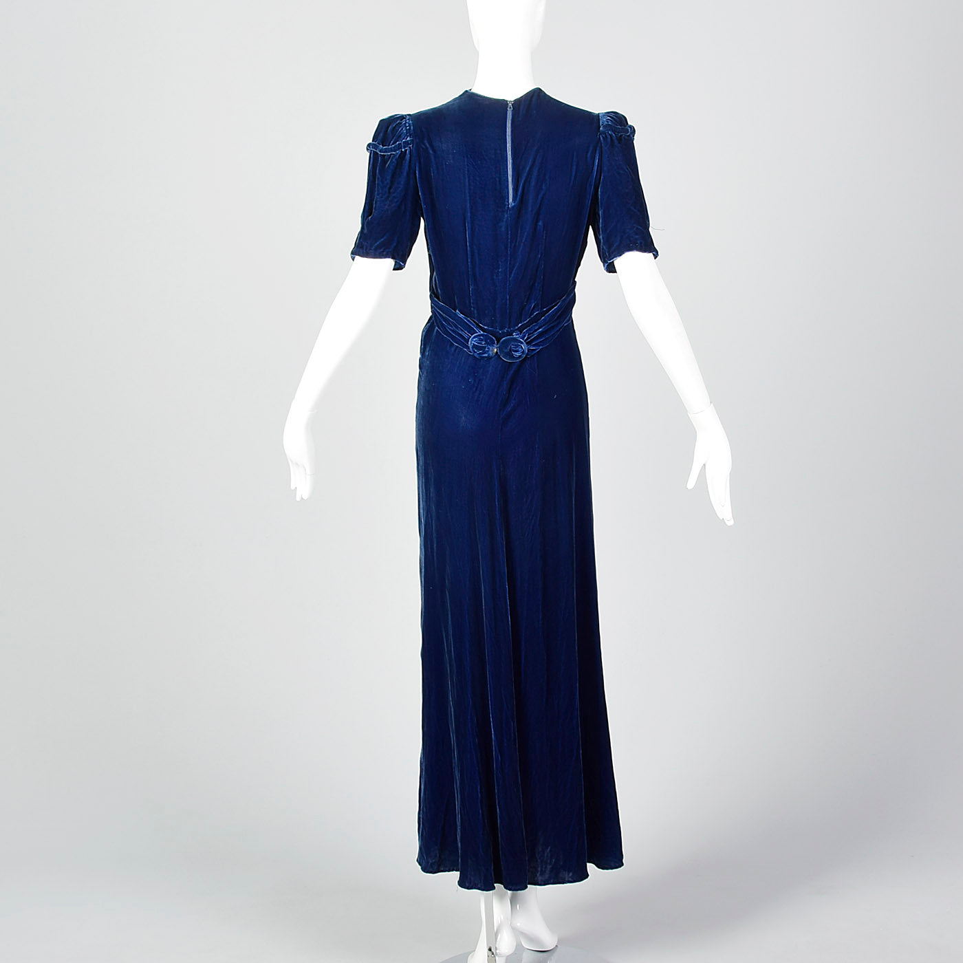 1940s Blue Silk Velvet Gown with Gathered Bust