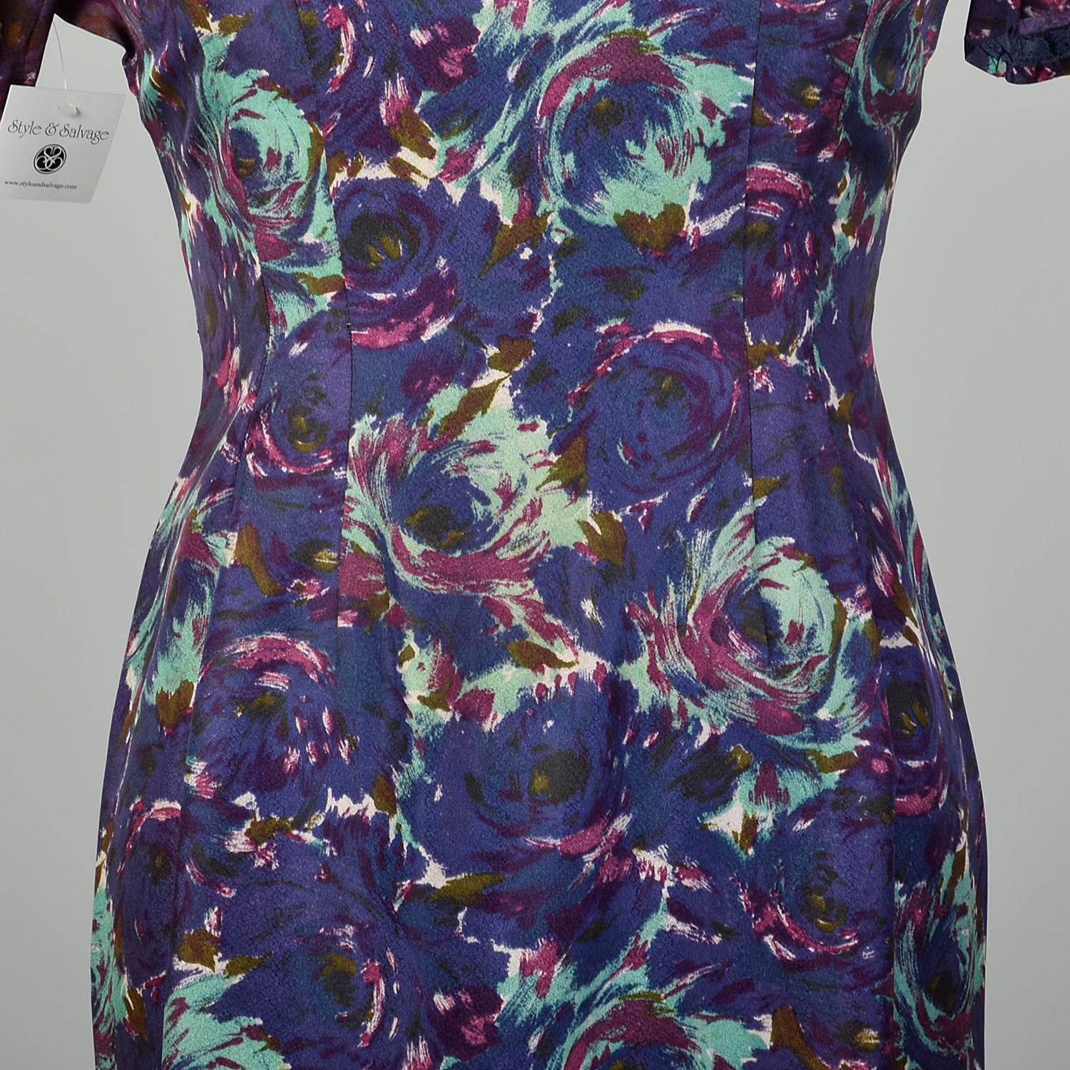 Large 1950s Blue and Purple Swirl Patterned Acetate Dress