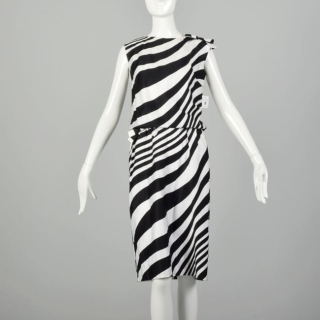 Small 1960s L'Aiglon Dress Black and White Striped Op Art Blouson Sleeveless Summer