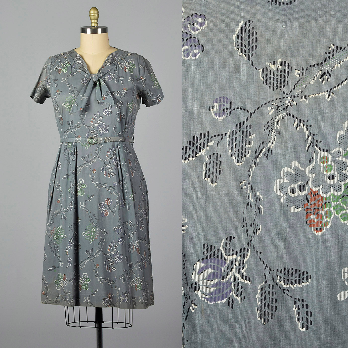 1950s Gray Print Cotton Day Dress