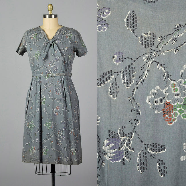 1950s Gray Print Cotton Day Dress