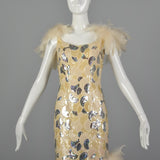 XS 1980s Sequin Formal Gown with Feather Trim