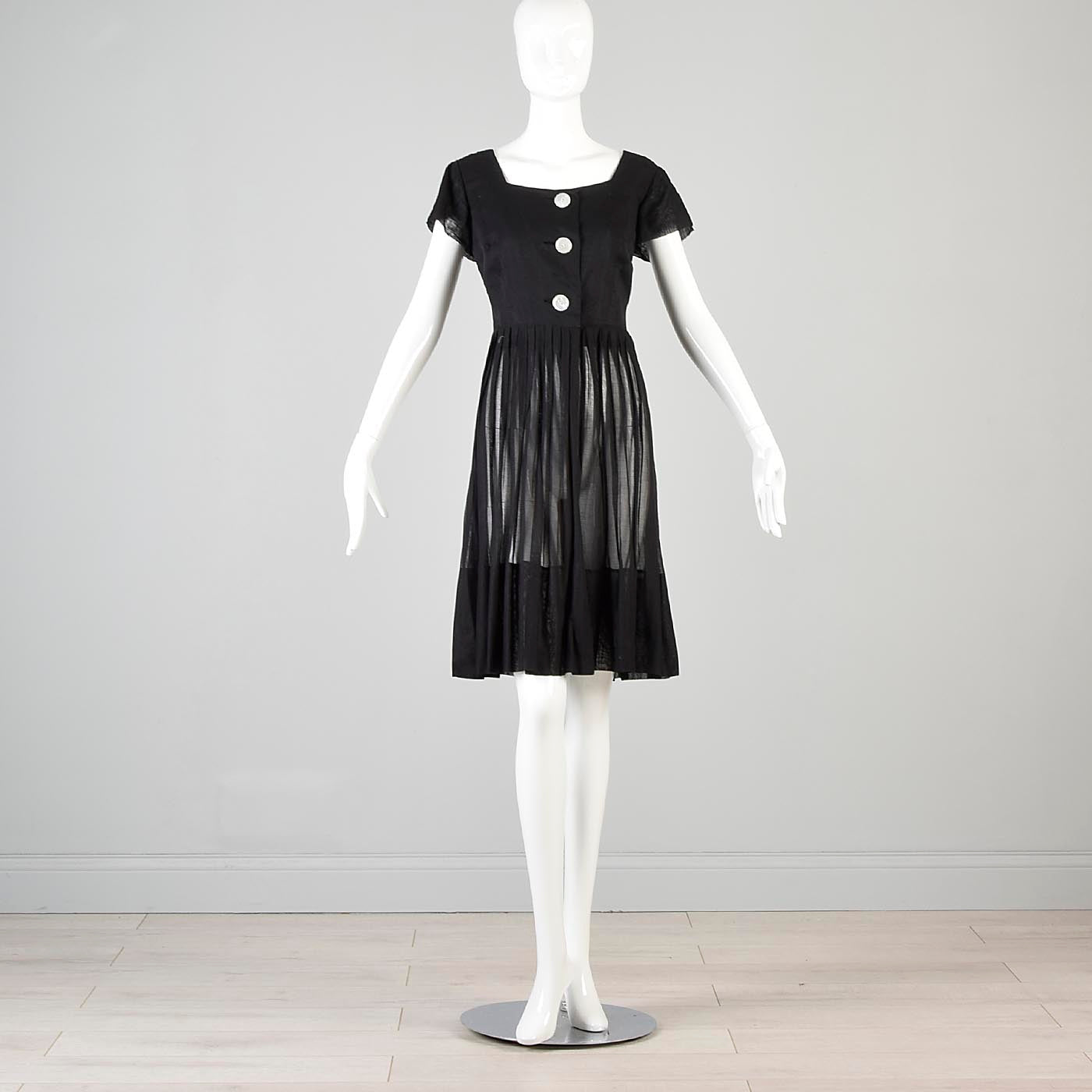 1950s Sheer Black Dress with Mother of Pearl Buttons