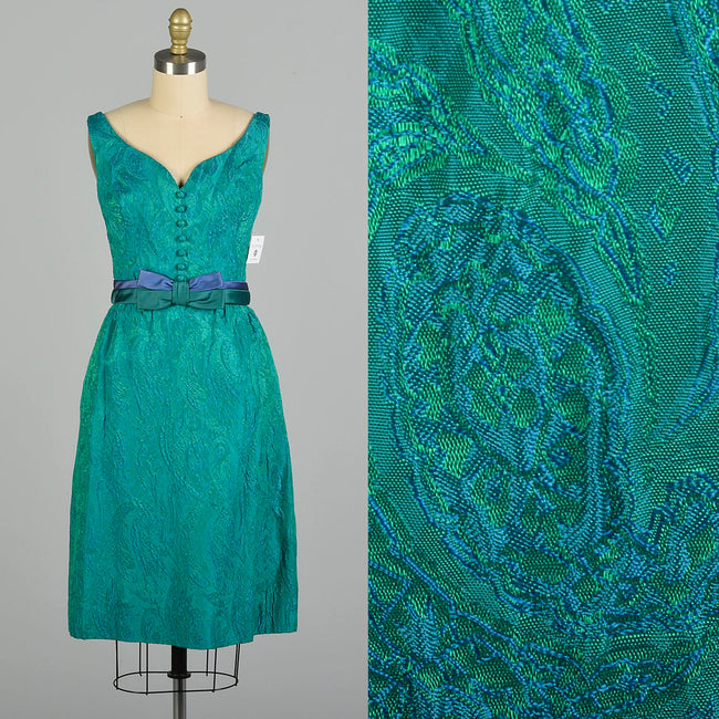 XS 1960s Blue Green Brocade Cocktail Dress Sleeveless Jewel Tone V-Neck Party Dress