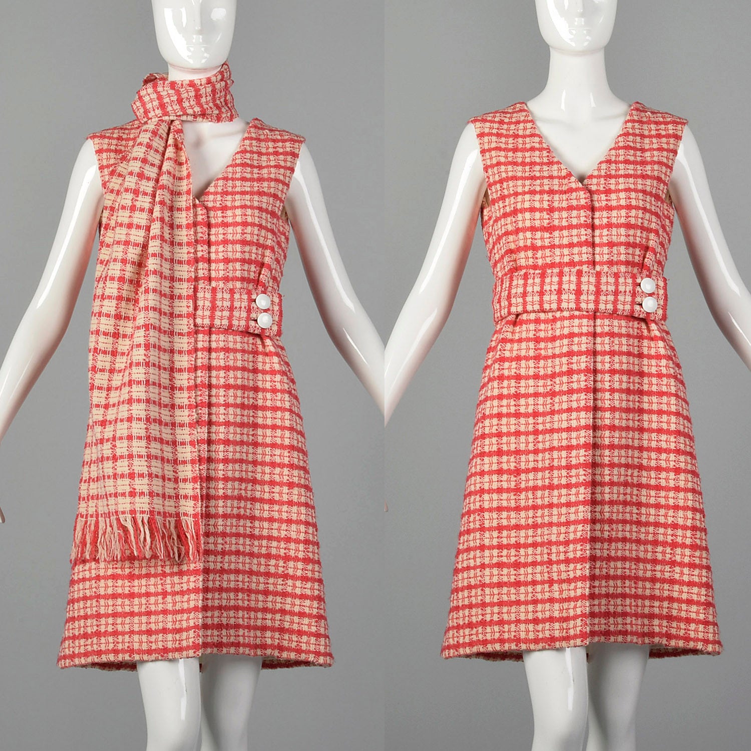 Small 1960s Plaid Wool Dress & Scarf Set