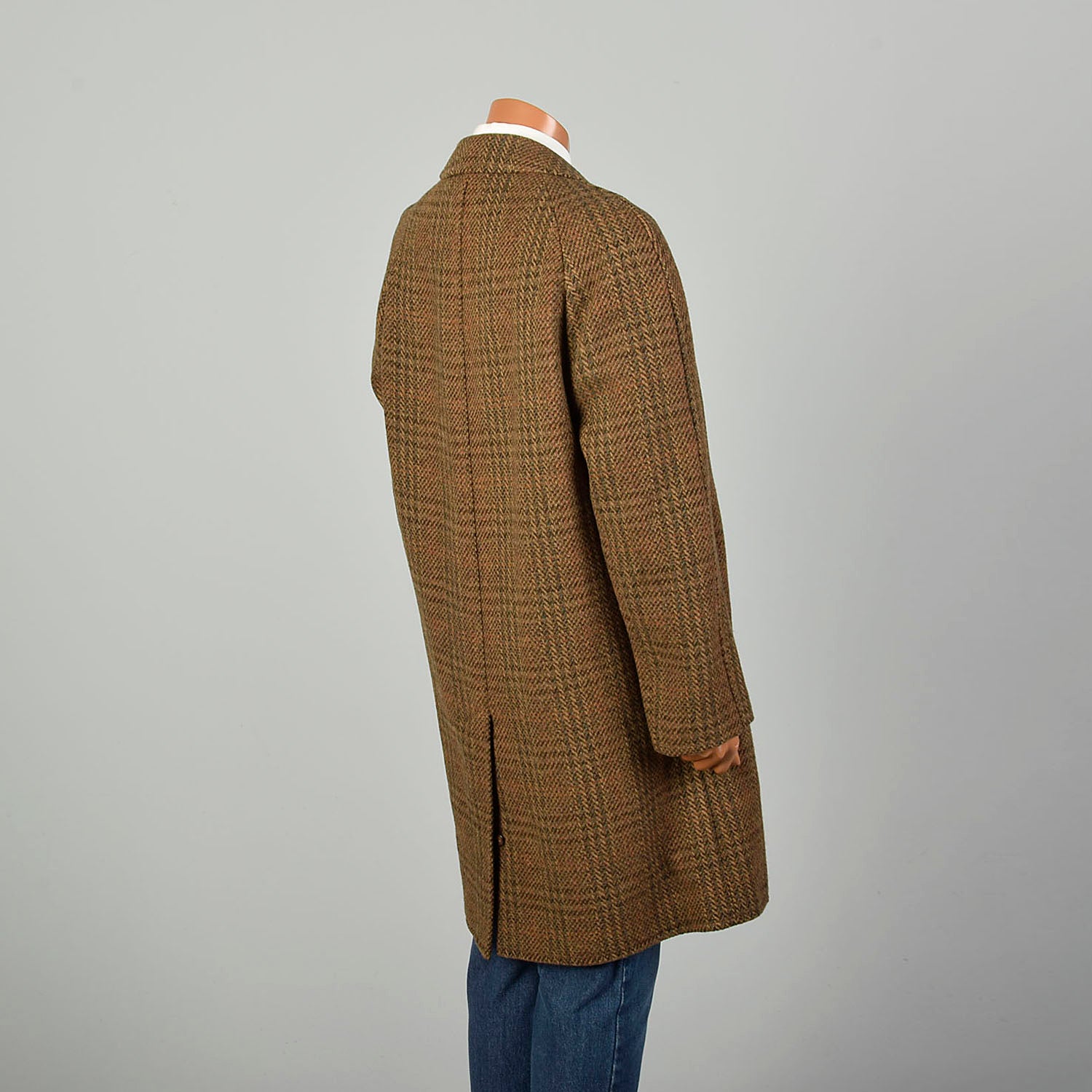 XL 1970s Jacket Brown Plaid Herringbone Wool Tweed Winter Car Coat