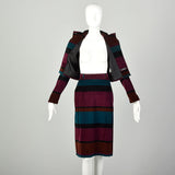 Small 1980s Horizontal Stripe Skirt Set Jewel Tone Suit Narrow Wale Corduroy Separates Outfit