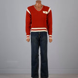 1960s Men's MOD Bright Red Pullover Sweater with White Trim