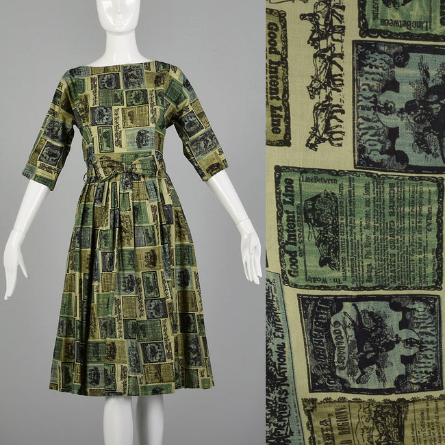 Medium 1950s Green Wild West Novelty Print Day Dress