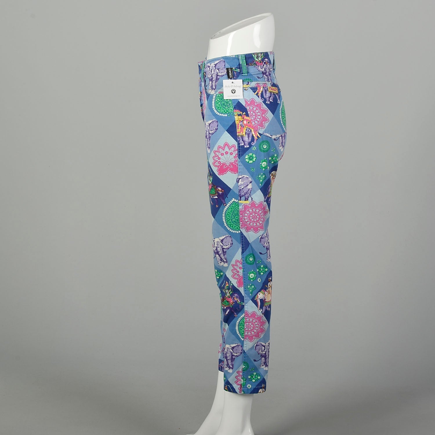 Small 1990s Versace Pants Couture Designer Purple Elephant Print Skinny Jeans Vintage