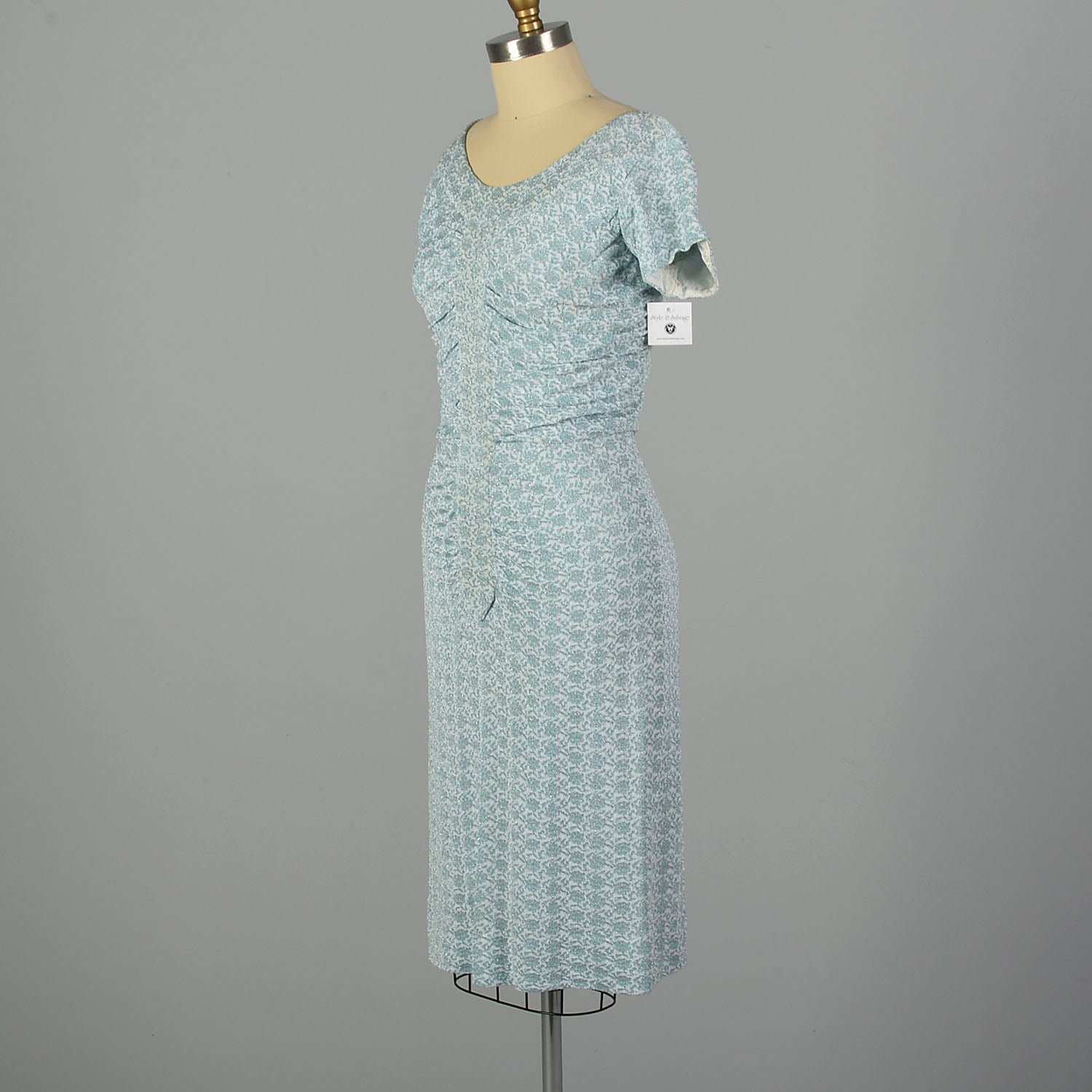 Small 1960s Blue and White Lurex Floral Print Knit Dress