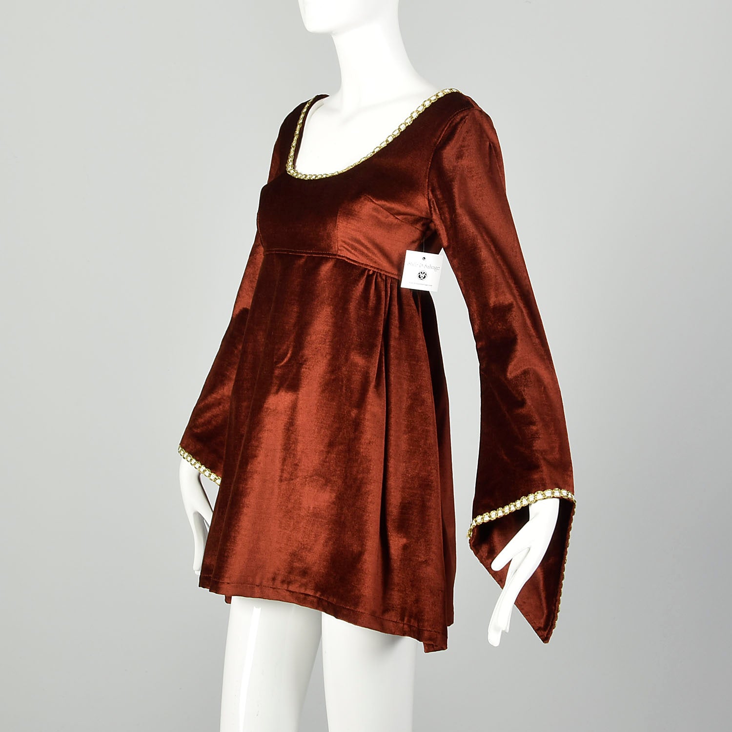 1960s Micro Mini Babydoll Tapestry Dress Boho Angel Sleeve