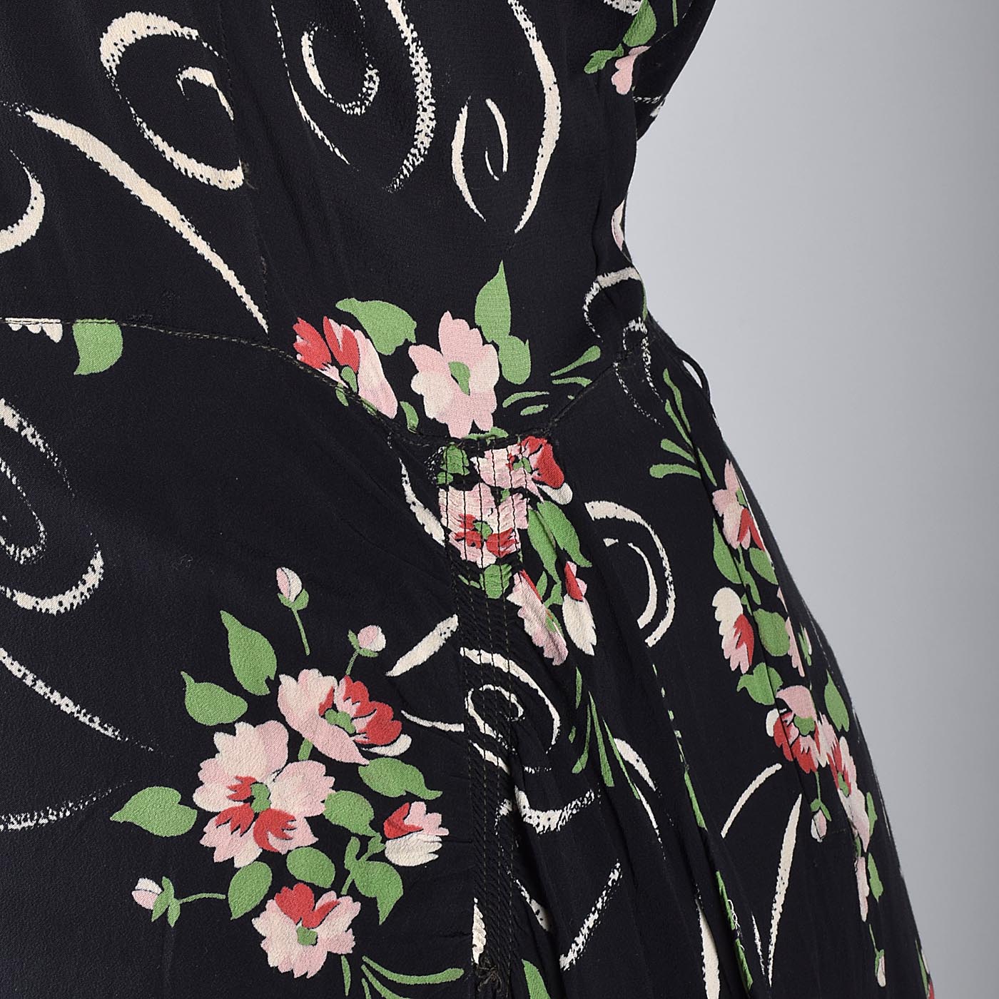 1940s Black Rayon Dress with Floral Print and Hip Sash