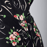 1940s Black Rayon Dress with Floral Print and Hip Sash