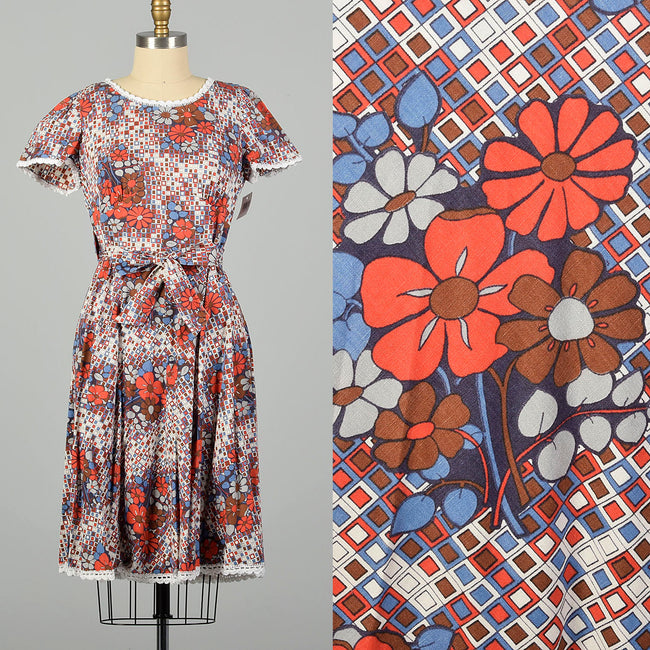 Small-Large 1960s Orange and Blue Floral and Geometric Wrap Dress