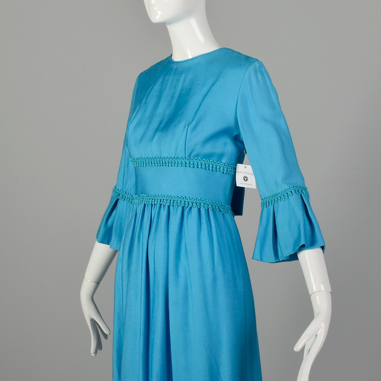 Small 1960s Dress Modest Casual Ruffle Sleeve Blue Maxi