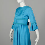 Small 1960s Dress Modest Casual Ruffle Sleeve Blue Maxi