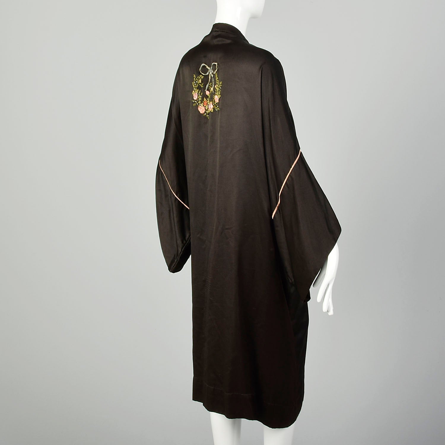 1920s Black Silk Dressing Gown Floral Wreath Appliqués