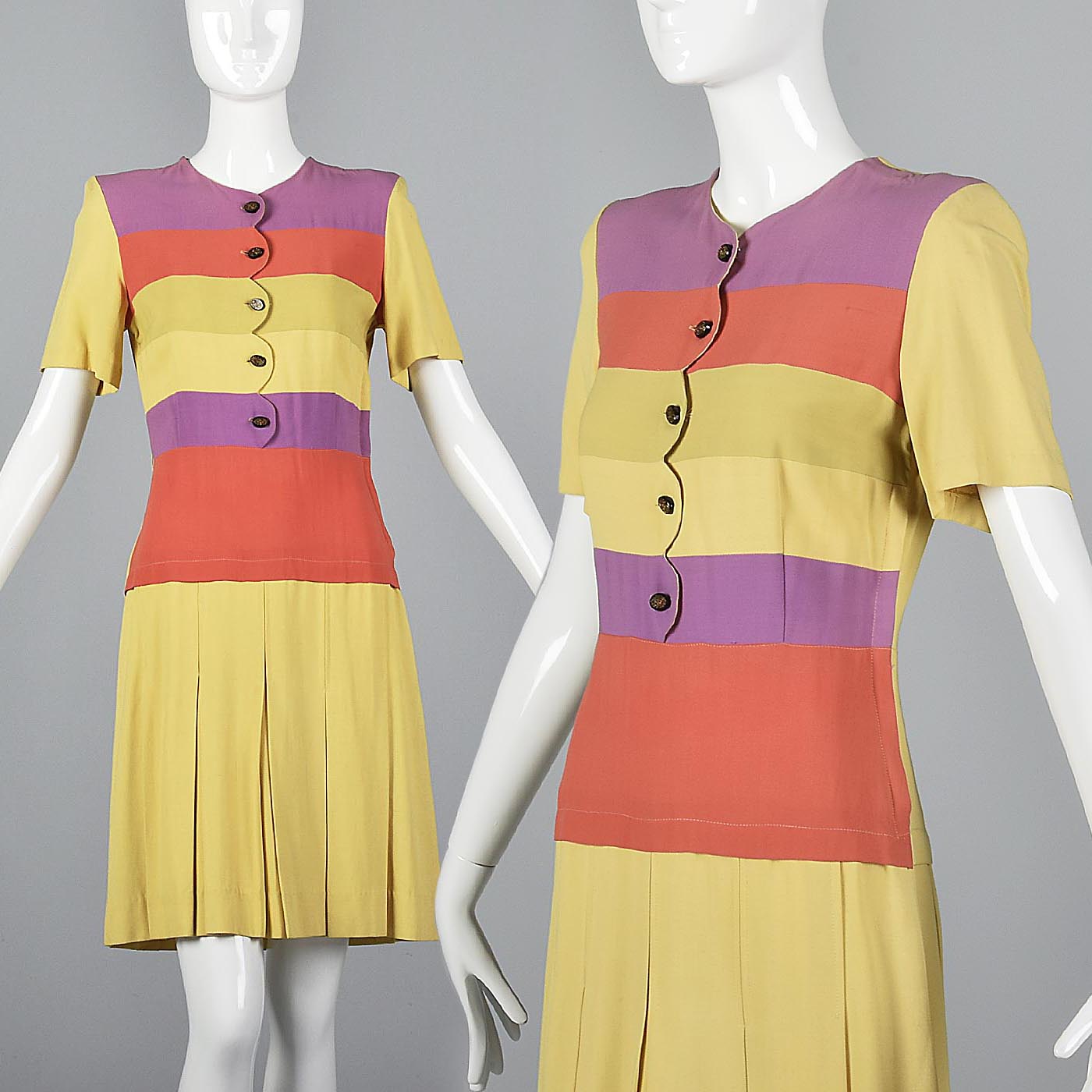 1930s Yellow Rayon Day Dress with Striped Bodice