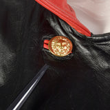 XL 1980s Military Inspired Black Leather Jacket Double Breasted with Red Trim