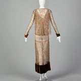1930s XS Brown Lace Long Sleeve Drop Waist Velvet Trim Dress
